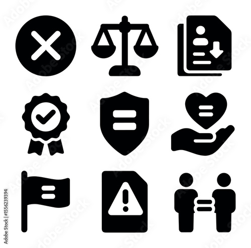 Anti-Discrimination Icon Set. Solid, filled icons set of anti-discrimination tools: cancel icon, justice scale