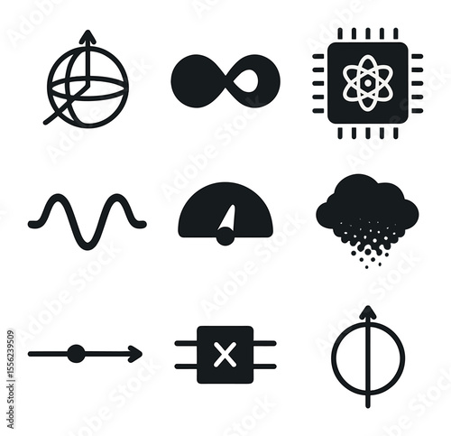 Quantum Computing Icons. Solid, filled icons set of quantum computing: qubit sphere, entanglement icon,