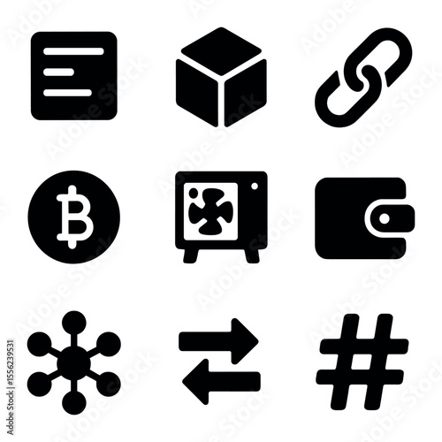 Blockchain Icon Set. Solid, filled icons set of blockchain technology: digital ledger, block cube, chain link,