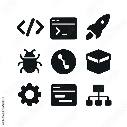Coding Icons Grid. Solid, filled icons set of coding and development: code brackets, terminal window, deploy