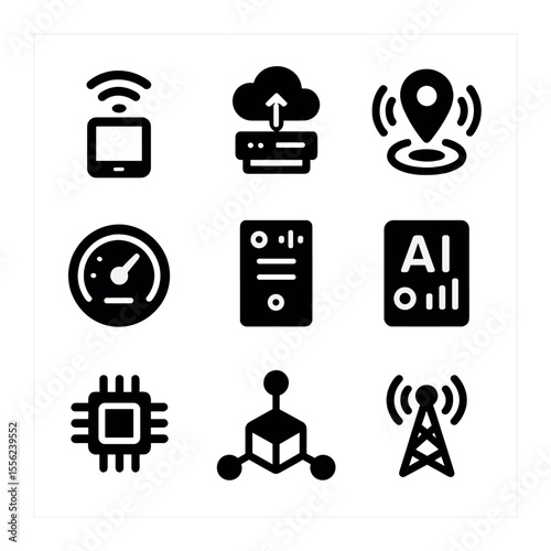 Edge Computing Icons. Solid, filled icons set of edge computing: edge device, cloud gateway, proximity icon,
