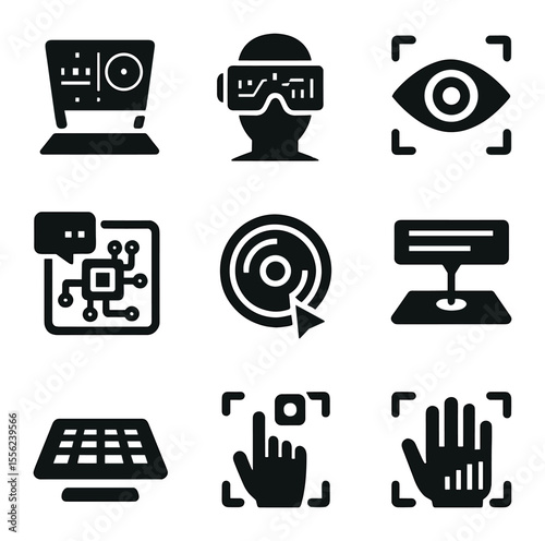 Futuristic Interface Icons. Solid, filled icons set of futuristic interfaces: holographic screen, VR HUD,