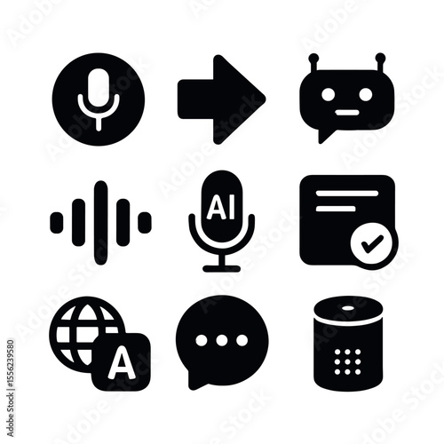 Digital Assistant Icons. Solid, filled icons set of digital assistants: voice icon, smart reply, chatbot face,