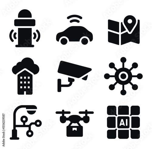 Smart City Icons. Solid, filled icons set of smart cities: traffic sensor, autonomous car, digital map, cloud