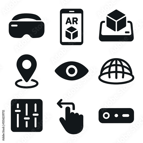 Augmented Reality Icons. Solid, filled icons set of augmented reality: AR headset, phone view, object overlay,