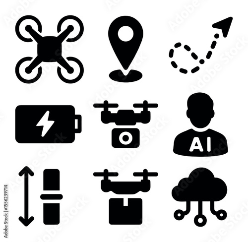 Modern Drone Icons. Solid, filled icons set of drone technology: drone quad, GPS marker, flight path, battery