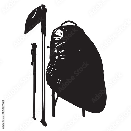 Hiking backpack and trekking poles silhouette isolated on white background for outdoor adventure