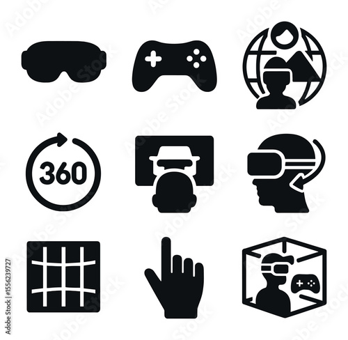 Virtual Reality Icons. Solid, filled icons set of virtual reality: VR goggles, controller icon, immersive