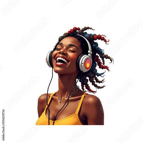 Joyful Black Woman Listening to Music with Headphones