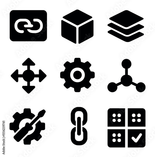 Tech Ecosystems Icon Set. Solid, filled icons set of tech ecosystems: API link, module box, tech stack,