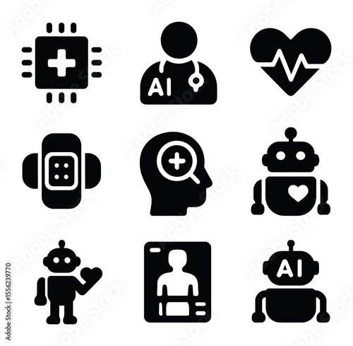 AI Healthcare Icons. Solid, filled icons set of AI in healthcare: medical chip, AI doctor, heartbeat graph,