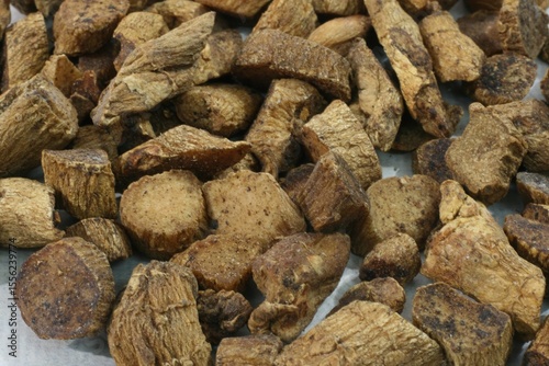 Dry slices of Polygonatum sibiricum root for herbal medical use in East Asia