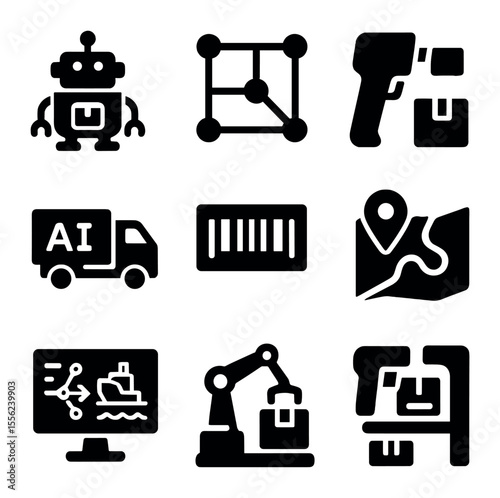 Logistics Automation Icons. Solid, filled icons set of automation in logistics: package bot, route grid,