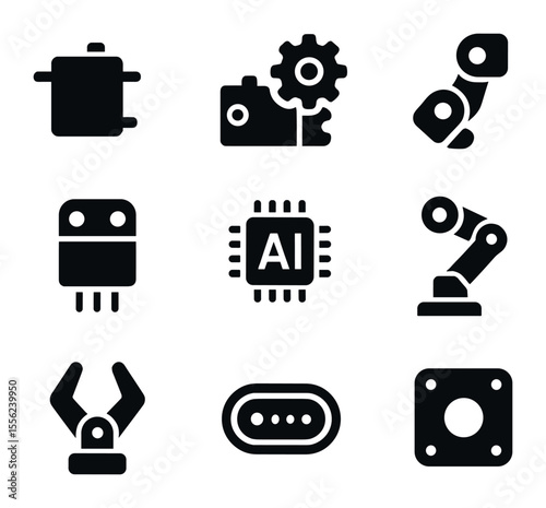 Robotic Components Icons. Solid, filled icons set of robotic components: servo motor, gear drive, mechanical