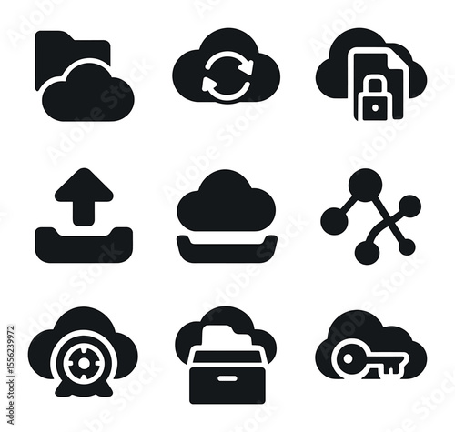 Cloud Storage Icons. Solid, filled icons set of cloud storage services: folder cloud, sync arrows, file lock,