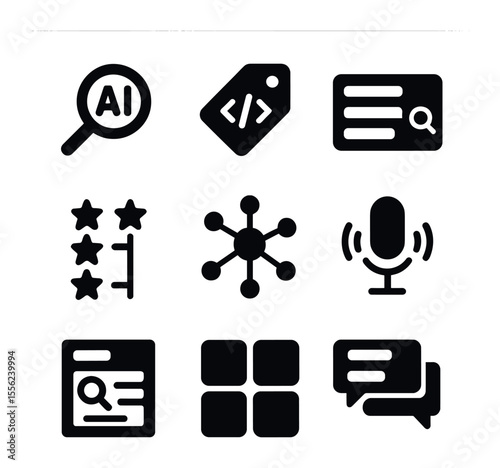 AI Search Icon Set. Solid, filled icons set of AI-powered search: magnifier AI, semantic tag, keyword box,