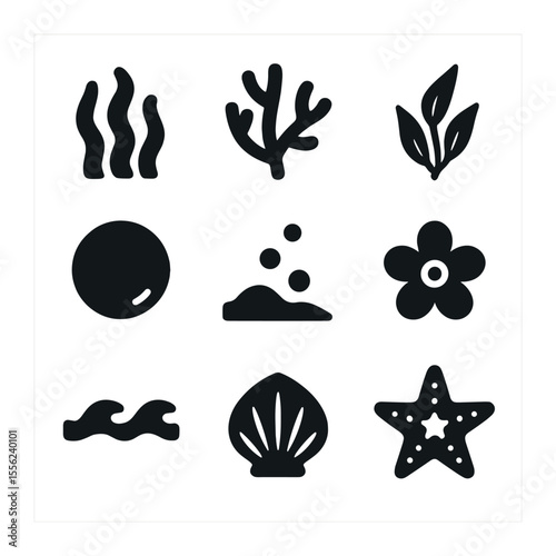 Underwater Icons Set. Solid, filled icons set of underwater plant life: seaweed, coral branch, kelp frond, air