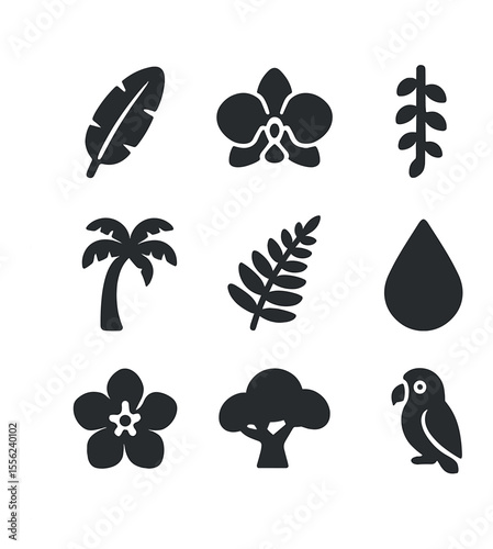 Tropical Icon Grid. Solid, filled icons set of rainforest plants: banana leaf, orchid, hanging vine, palm tree