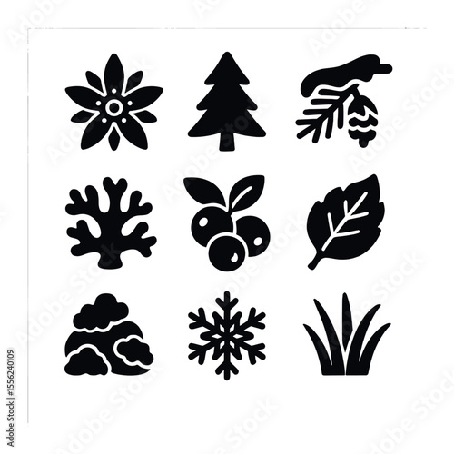 Alpine Flora Icons. Solid, filled icons set of alpine flora: mountain flower, conifer, snowy branch, lichen