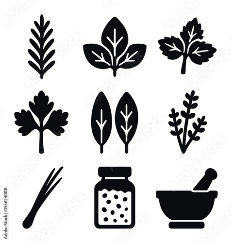 Herb Icons Grid. Solid, filled icons set of stylized herbs: rosemary sprig, basil leaf, mint, parsley, sage,