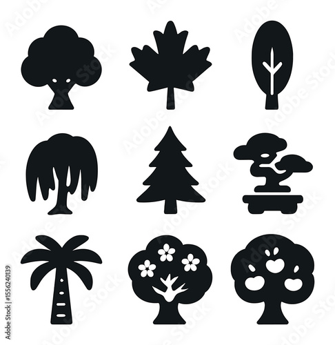 Stylized Tree Icons Grid. Solid, filled icons set of stylized tree types: oak, maple, birch, willow, spruce,