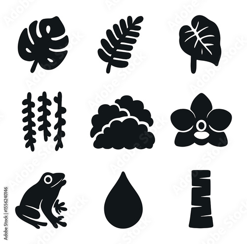 Jungle Plant Icons. Solid, filled icons set of jungle plants: monstera leaf, tropical fern, elephant ear plant