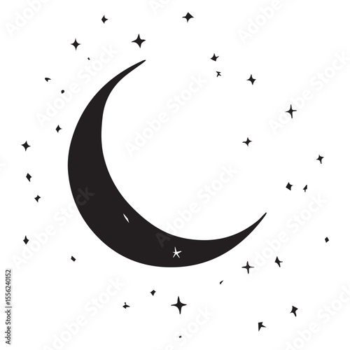 Stylized black crescent moon surrounded by sparkling stars on a white background