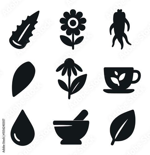 Medicinal Plant Icons. Solid, filled icons set of medicinal plants: aloe leaf, chamomile flower, ginseng root,