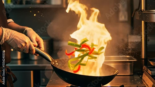 Cooking Vegetables on Open Flame in Wok Pan Slow Motion