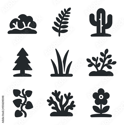 Climate Flora Icons. Solid, filled icons set of climate-specific flora: tundra moss, rainforest fern, desert