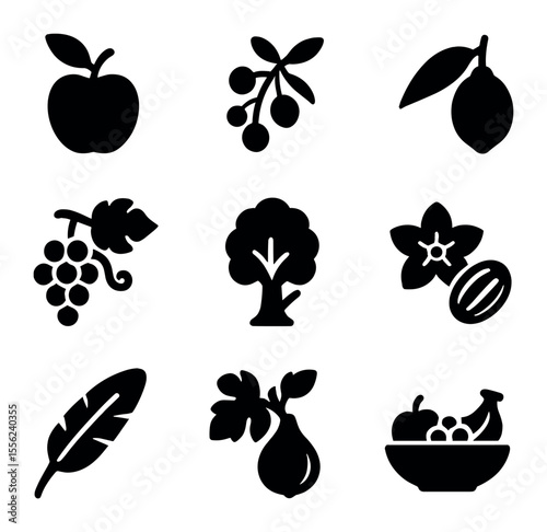 Fruit Plant Icons. Solid, filled icons set of fruit-bearing plants: apple branch, berry stem, citrus leaf,