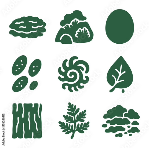 Moss and Lichen Icons. Solid, filled icons set of moss and lichen: moss patch, rock growth, shaded green,