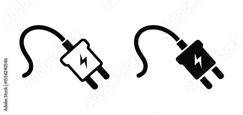 A simple black and white illustration of an electrical plug with a curved cord
