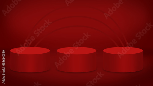 Three bold red cylindrical podiums stand prominently against a dark red background, creating a luxury display to showcase your designs.