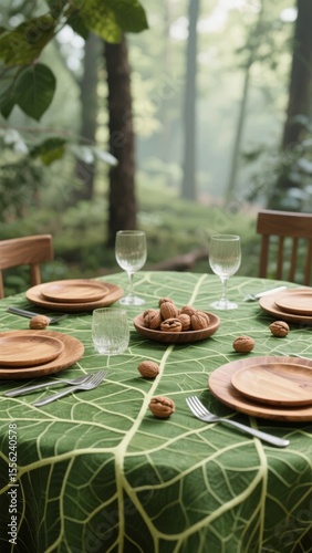 Outdoor dining setup with wooden plates and walnuts on a leaf-patterned tablecloth in a forest setting