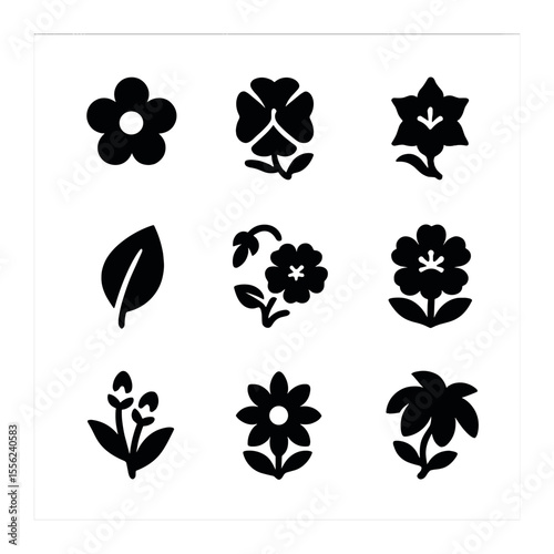 Moon Garden Icons. Solid, filled icons set of moon garden plants: white flower, evening primrose, moonflower,