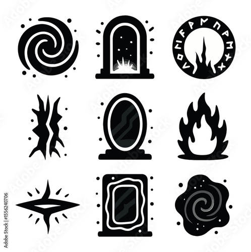Mystical Portal Icons. Solid, filled icons set of magical portals: swirling gate, glowing arch, rune ring,