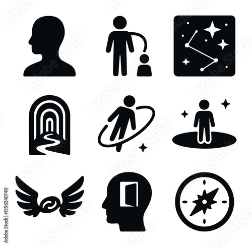 Astral Travel Icons. Solid, filled icons set of astral travel: soul silhouette, energy cord, star map, portal