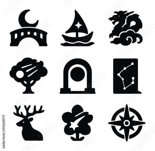 Celestial Fantasy Icons. Solid, filled icons set of celestial fantasy: moon bridge, star sail, cloud dragon,