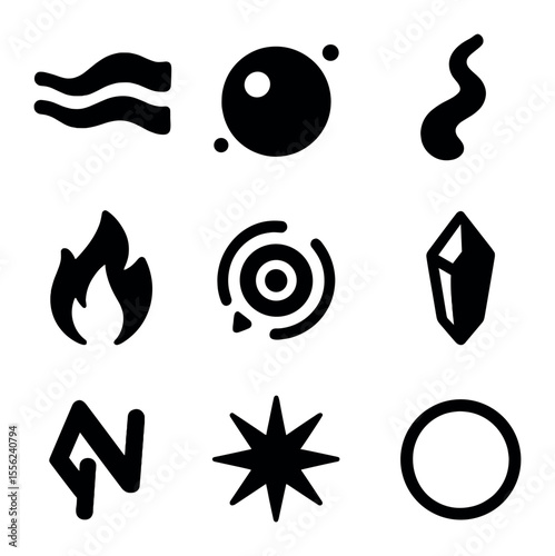 Magical Energy Icons. Solid, filled icons set of magical energy: aura wave, spell orb, glowing thread,
