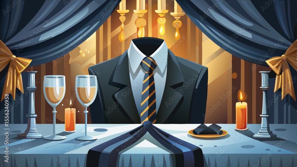 A perfectly tied black silk tie rests against a crisp white tuxedo shirt, highlighted by soft candlelight. In the background: a champagne flute, chandelier, and velvet curtains. The composition whispe