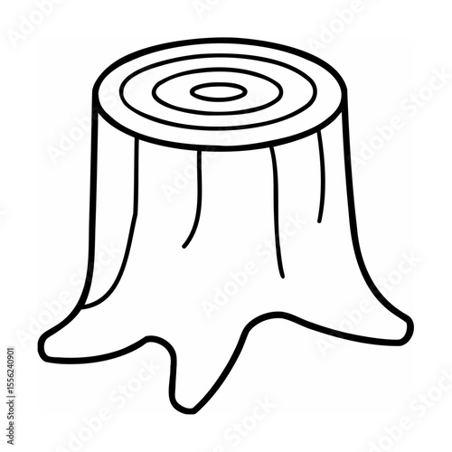 Black and white tree stump illustration with concentric rings and roots