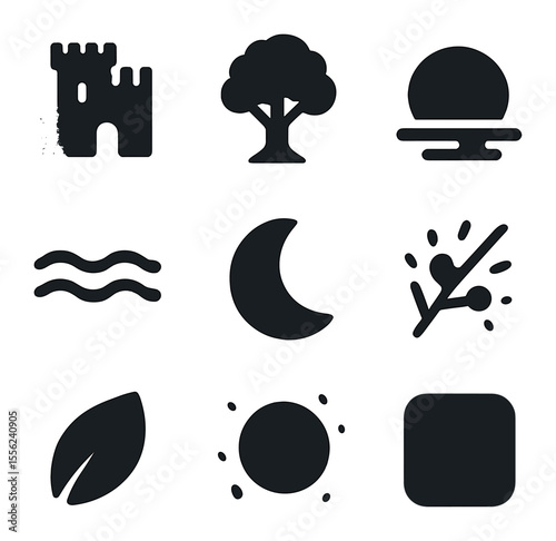 Twilight Realm Icons. Solid, filled icons set of twilight realms: fading castle, dusky tree, low sun, soft
