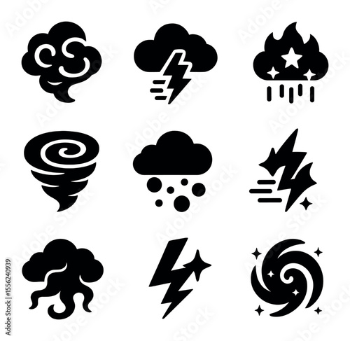 Otherworldly Storm Icons. Solid, filled icons set of otherworldly storms: plasma cloud, echo thunder,