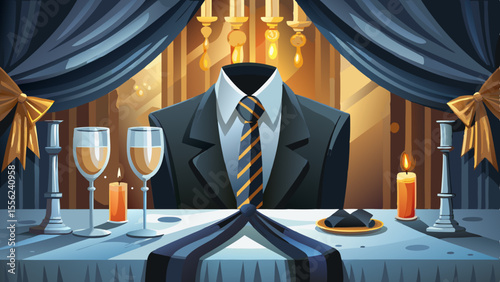 A perfectly tied black silk tie rests against a crisp white tuxedo shirt, highlighted by soft candlelight. In the background: a champagne flute, chandelier, and velvet curtains. The composition whispe