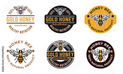 Honey Bee Label Collection for 100% Organic, Natural and Healthy Honey Product Stamp