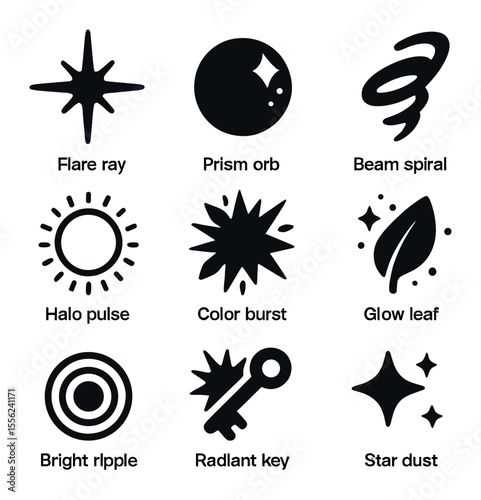 Magical Light Icon Set. Solid, filled icons set of magical light: flare ray, prism orb, beam spiral, halo