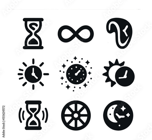 Time Icons Collection. Solid, filled icons set of time dreams: spiral hourglass, infinite timeline, melted