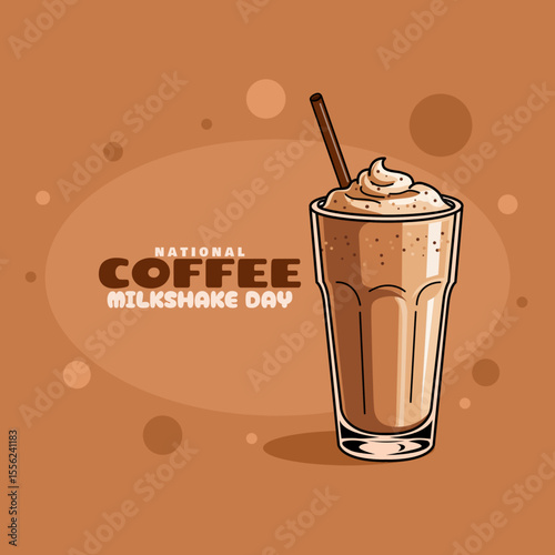 National Coffee Milkshake Day to celebrate on July 26th. A glass of coffee mixed with milk topped with cream on bright brown background. Drink event banner.