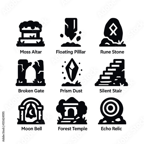 Sacred Ruins Icons. Solid, filled icons set of sacred ruins: moss altar, floating pillar, rune stone, broken